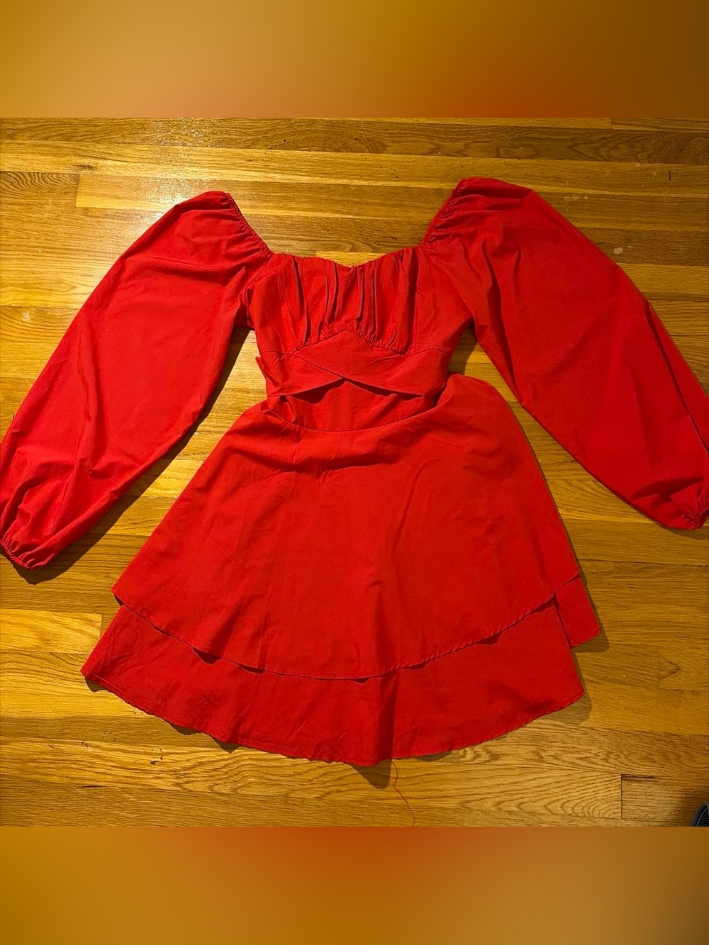 Amazon Red Puff-Sleeve Mini Dress with Tiered Skirt